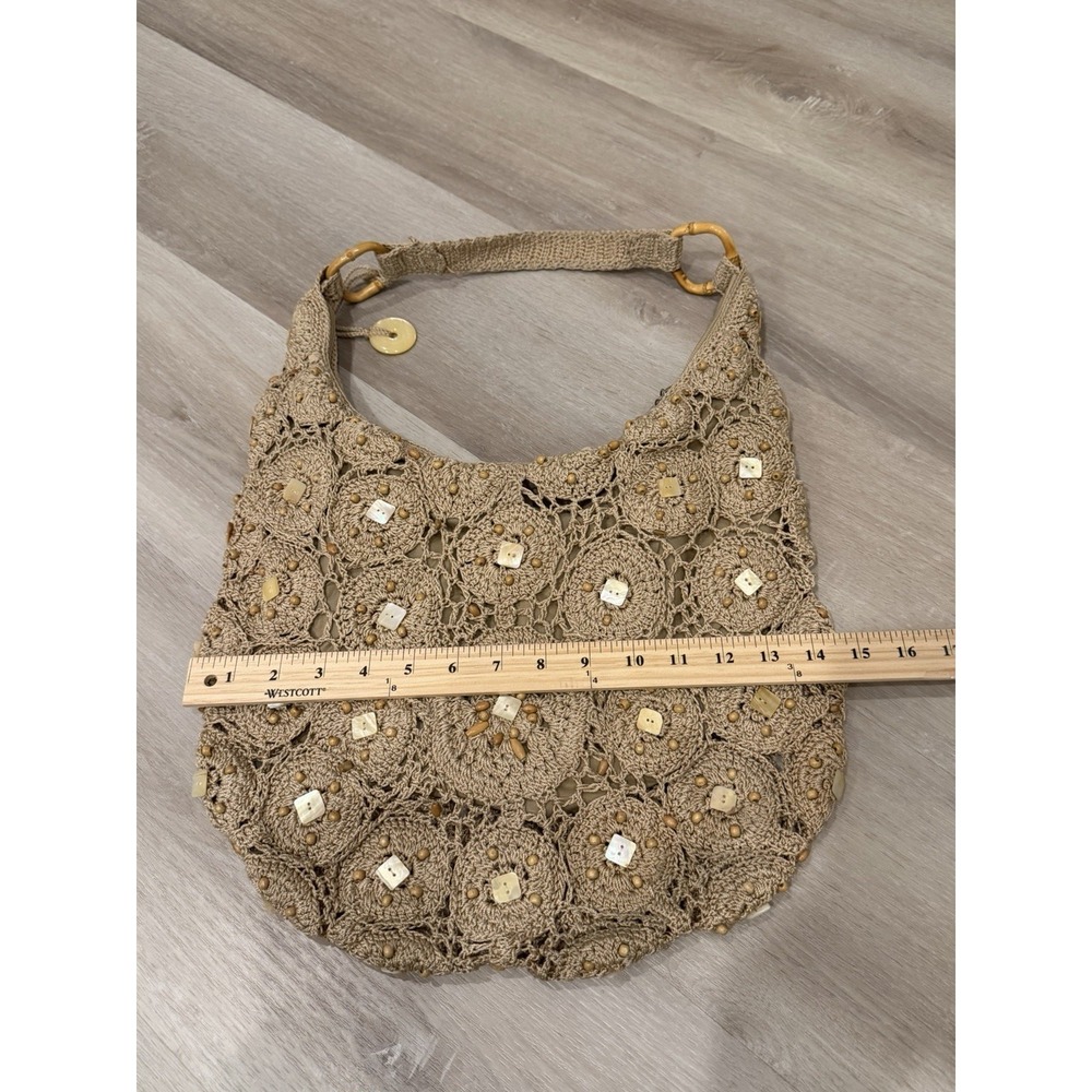 Vintage The Sak Crochet Hobo Bag Y2K Boho Wood Bead Shell Shoulder Purse Slouchy - Picture 4 of 10